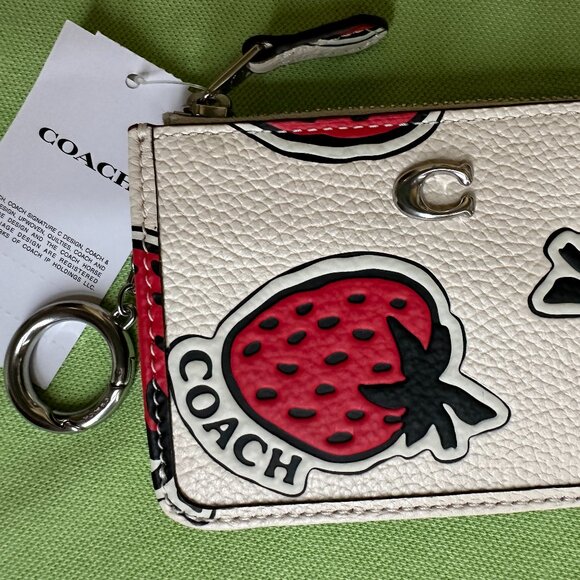 COACH STRAWBERRY PRINT LEATHER MINI SKINNY ID CASE:NWT STRAWBERRY/CHALK CT906 - Picture 3 of 15